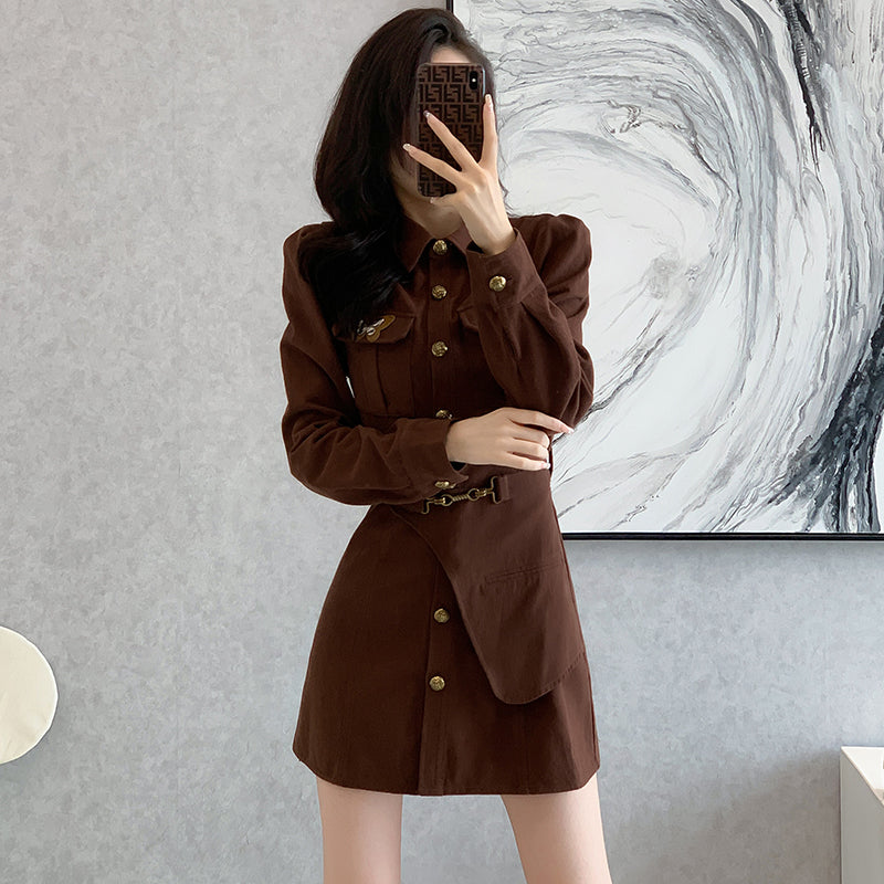 French style high waist dress commuter short skirt A-line long sleeve shirt collar design puff sleeves
