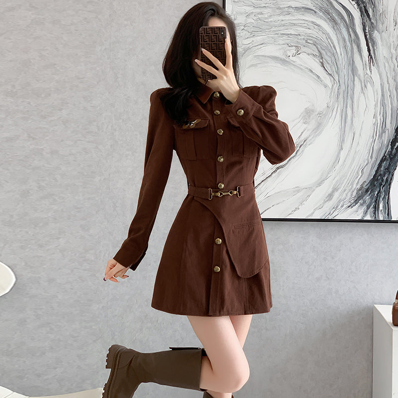French style high waist dress commuter short skirt A-line long sleeve shirt collar design puff sleeves