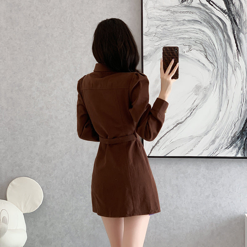 French style high waist dress commuter short skirt A-line long sleeve shirt collar design puff sleeves