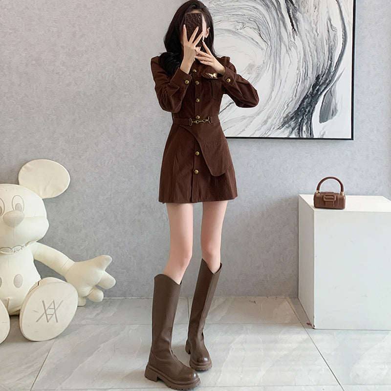 French style high waist dress commuter short skirt A-line long sleeve shirt collar design puff sleeves