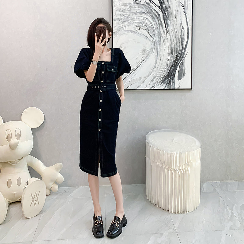 2025 Summer New Style Denim Dress with Short Sleeves, Mid-length, High-waisted for a Sense of Luxury