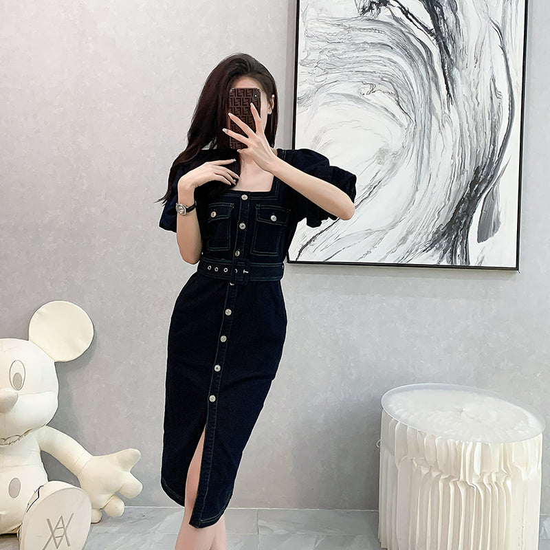2025 Summer New Style Denim Dress with Short Sleeves, Mid-length, High-waisted for a Sense of Luxury