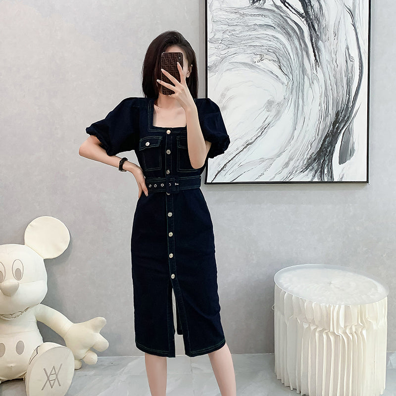 2025 Summer New Style Denim Dress with Short Sleeves, Mid-length, High-waisted for a Sense of Luxury