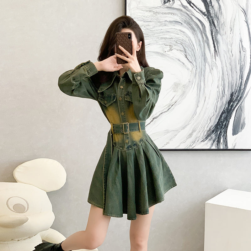 2025 autumn new denim dress long sleeve short skirt pleated slim ruffle casual dress