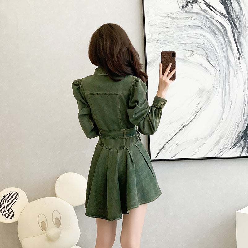 2025 autumn new denim dress long sleeve short skirt pleated slim ruffle casual dress