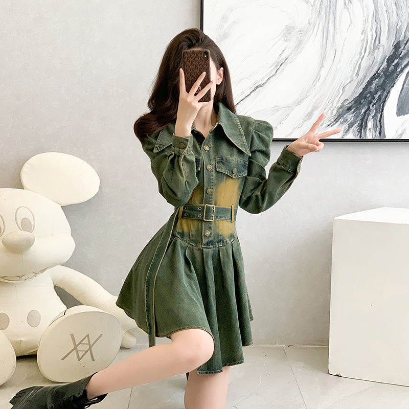 2025 autumn new denim dress long sleeve short skirt pleated slim ruffle casual dress
