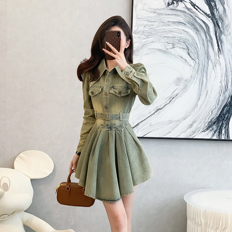 New Spring 2025 Denim Dresses - Short Dresses with Pleated and Ruffled Hem Long Sleeves, High Waist, Slimming Design