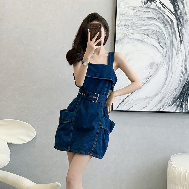 2025 Summer New Style Denim Sundress, Sling Dress, Short Dress, Off-the-shoulder, Waist-cinching, High-waisted