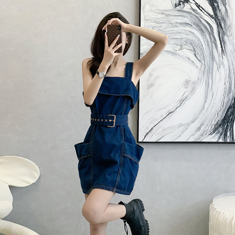 2025 Summer New Style Denim Sundress, Sling Dress, Short Dress, Off-the-shoulder, Waist-cinching, High-waisted