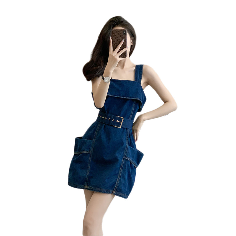2025 Summer New Style Denim Sundress, Sling Dress, Short Dress, Off-the-shoulder, Waist-cinching, High-waisted