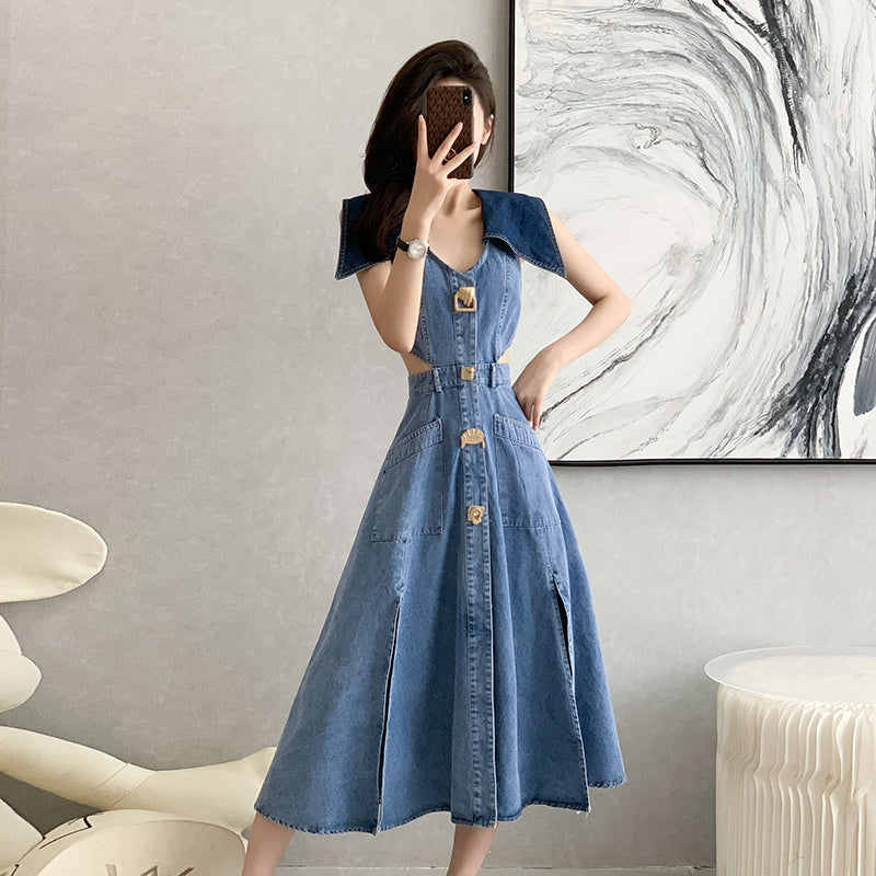 2025 Summer New Style Sleeveless High - waisted and Waist - revealing Denim Maxi Dress with Slimming Effect, Big Flare and Slit
