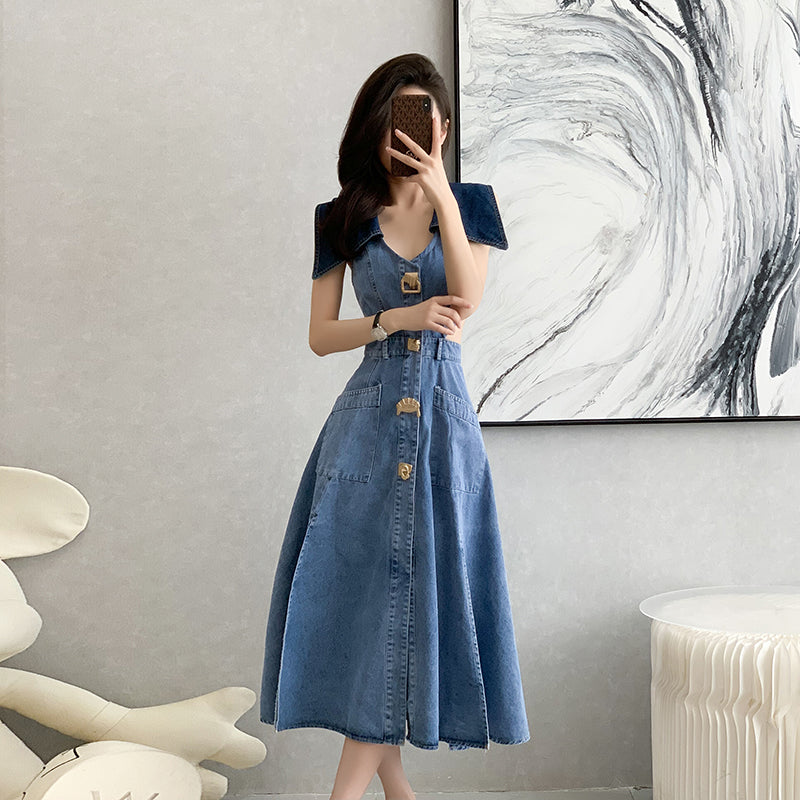 2025 Summer New Style Sleeveless High - waisted and Waist - revealing Denim Maxi Dress with Slimming Effect, Big Flare and Slit