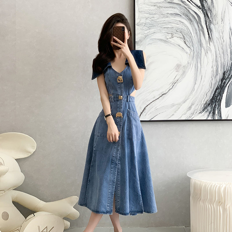2025 Summer New Style Sleeveless High - waisted and Waist - revealing Denim Maxi Dress with Slimming Effect, Big Flare and Slit