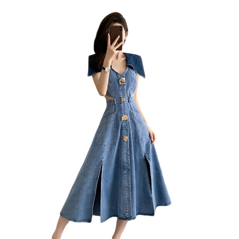 2025 Summer New Style Sleeveless High - waisted and Waist - revealing Denim Maxi Dress with Slimming Effect, Big Flare and Slit