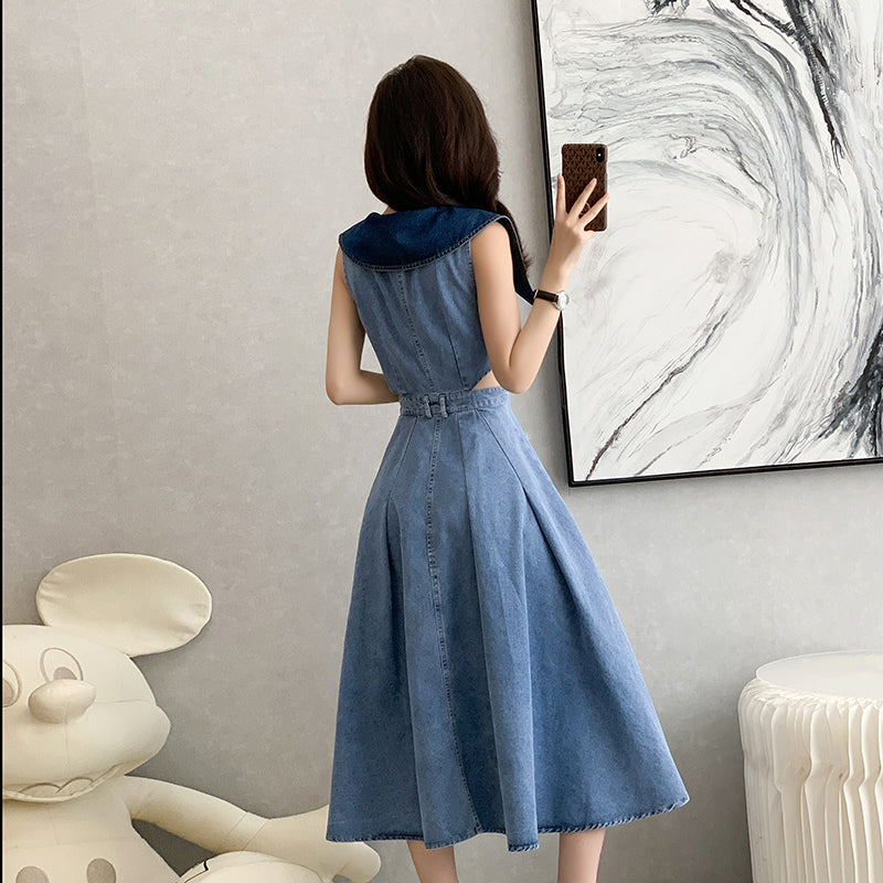 2025 Summer New Style Sleeveless High - waisted and Waist - revealing Denim Maxi Dress with Slimming Effect, Big Flare and Slit