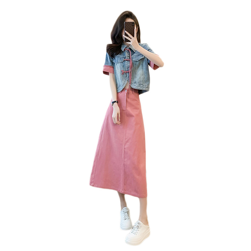 Cowboy jacket + knee-length skirt two-piece set, new Chinese style, Chinese style frog buttons, short-sleeved, A-line long skirt