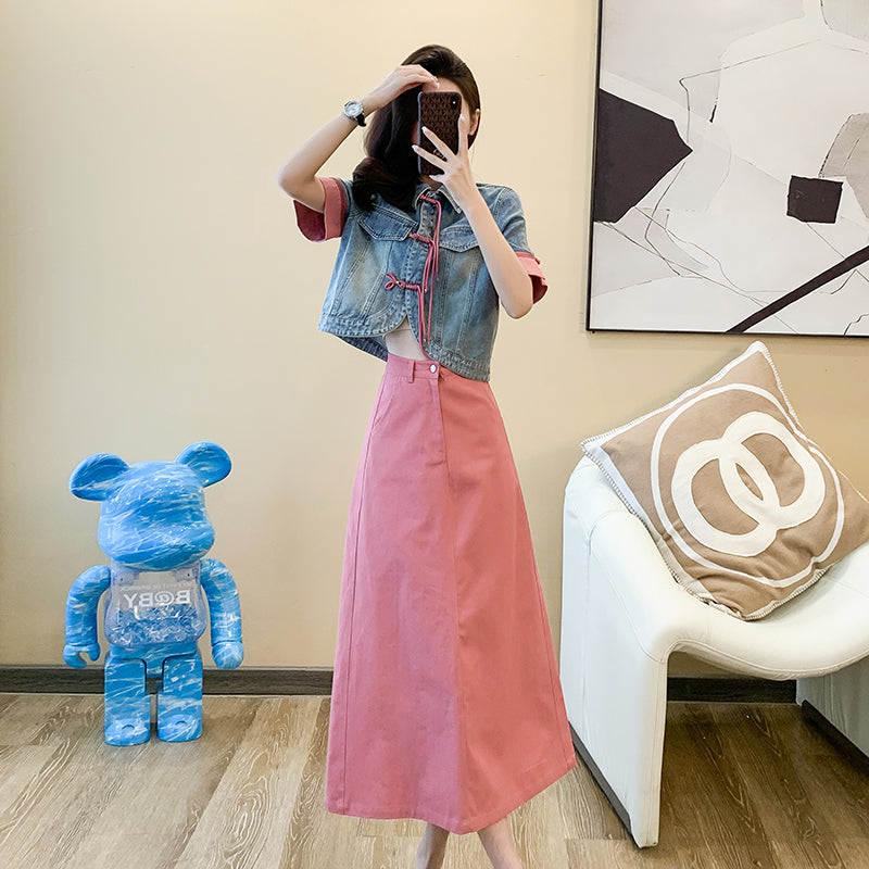 Cowboy jacket + knee-length skirt two-piece set, new Chinese style, Chinese style frog buttons, short-sleeved, A-line long skirt