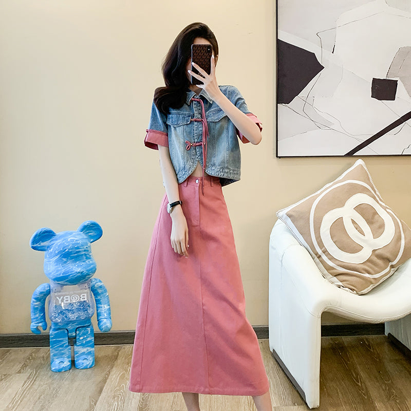 Cowboy jacket + knee-length skirt two-piece set, new Chinese style, Chinese style frog buttons, short-sleeved, A-line long skirt