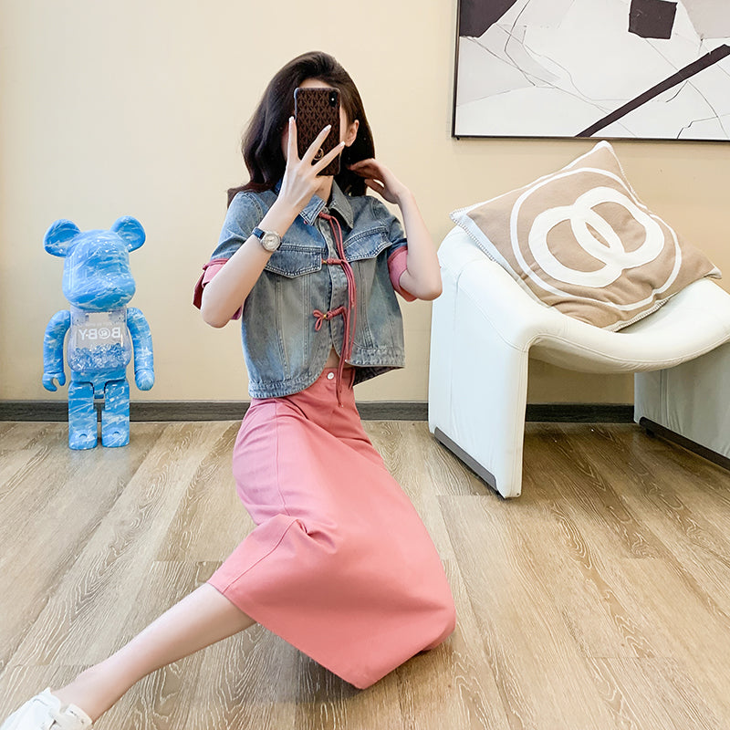 Cowboy jacket + knee-length skirt two-piece set, new Chinese style, Chinese style frog buttons, short-sleeved, A-line long skirt