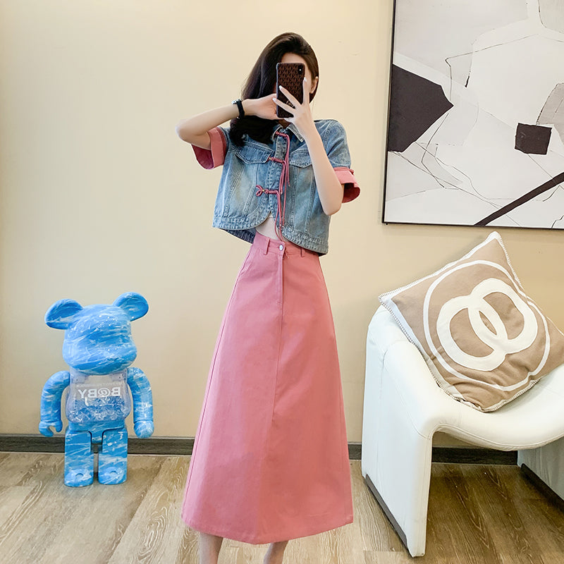 Cowboy jacket + knee-length skirt two-piece set, new Chinese style, Chinese style frog buttons, short-sleeved, A-line long skirt