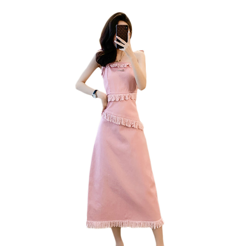 Cowboy dress, long dress, pink camisole dress, off - the - shoulder, high - waisted, waist - cinching, elegant, slimming, A - line