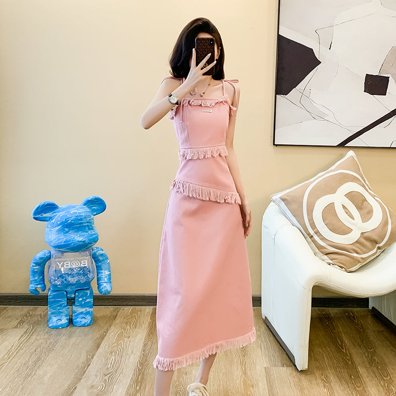 Cowboy dress, long dress, pink camisole dress, off - the - shoulder, high - waisted, waist - cinching, elegant, slimming, A - line