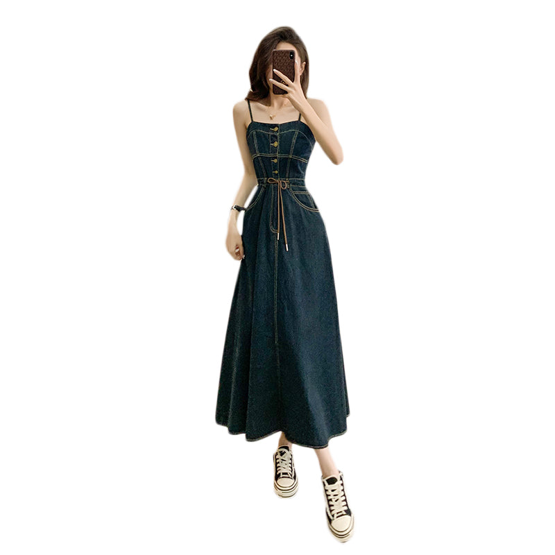 Cowboy dress, suspender dress, long dress, waist - cinching, high - waisted, adjustable, hip - covering, slimming, A - line large hem