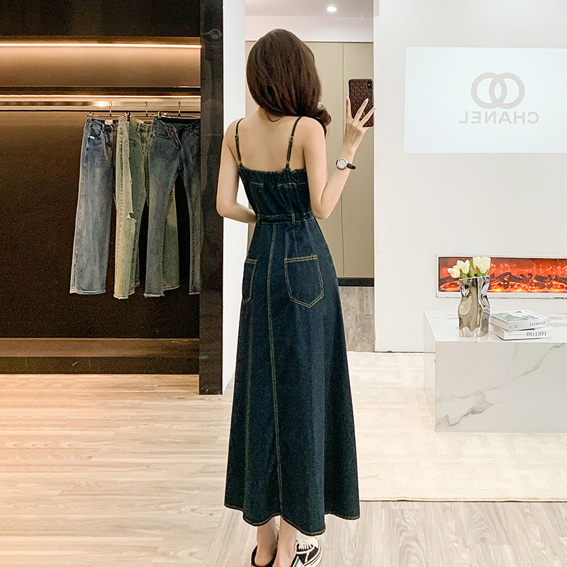 Cowboy dress, suspender dress, long dress, waist - cinching, high - waisted, adjustable, hip - covering, slimming, A - line large hem