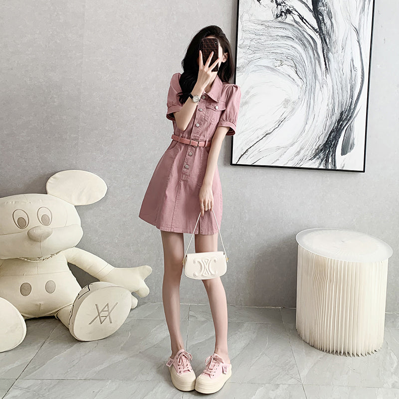 Cowboy dress, pink short skirt, A-line high-waist, slimming, with a cinched waist and short sleeves, exuding an elegant temperament