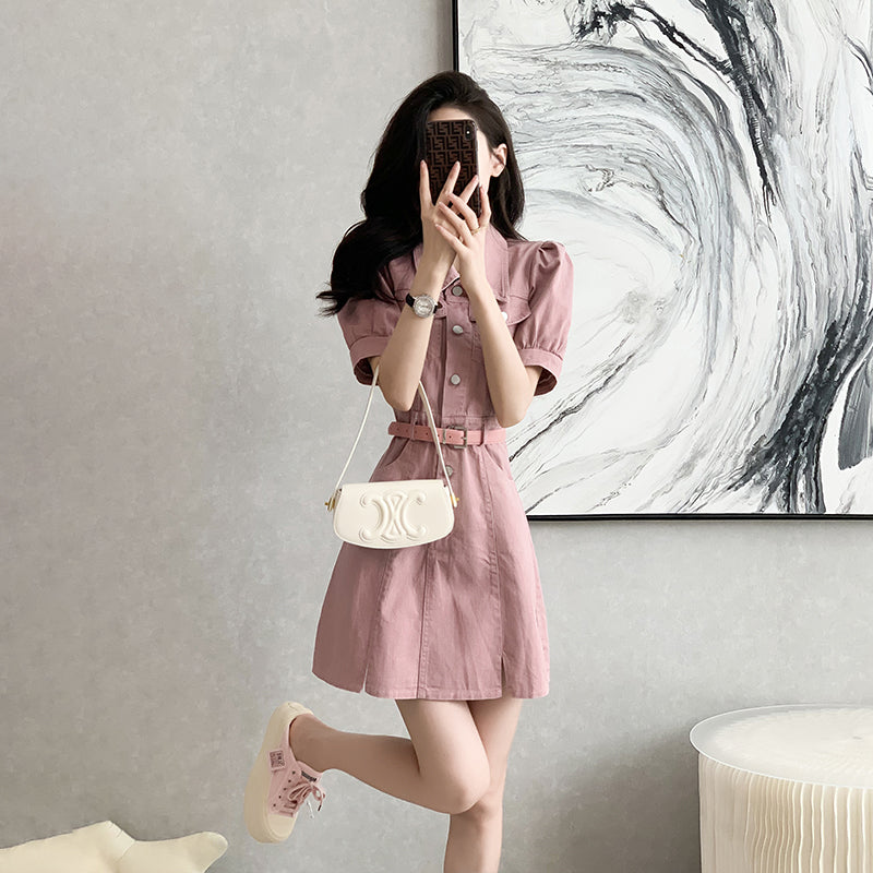 Cowboy dress, pink short skirt, A-line high-waist, slimming, with a cinched waist and short sleeves, exuding an elegant temperament