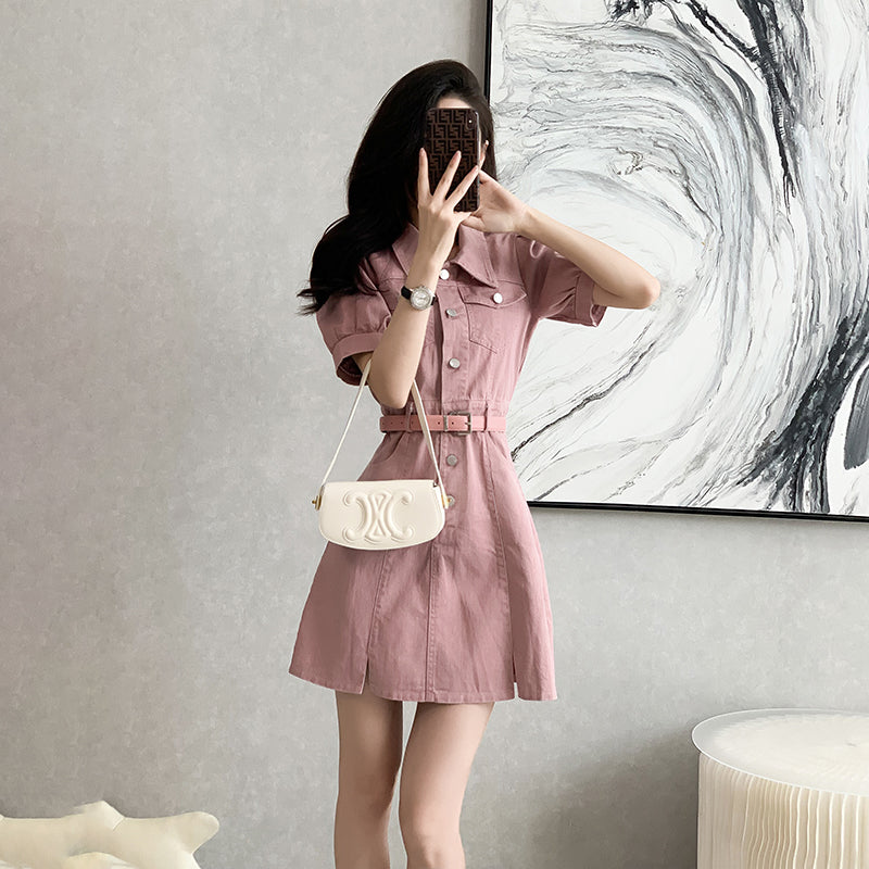 Cowboy dress, pink short skirt, A-line high-waist, slimming, with a cinched waist and short sleeves, exuding an elegant temperament