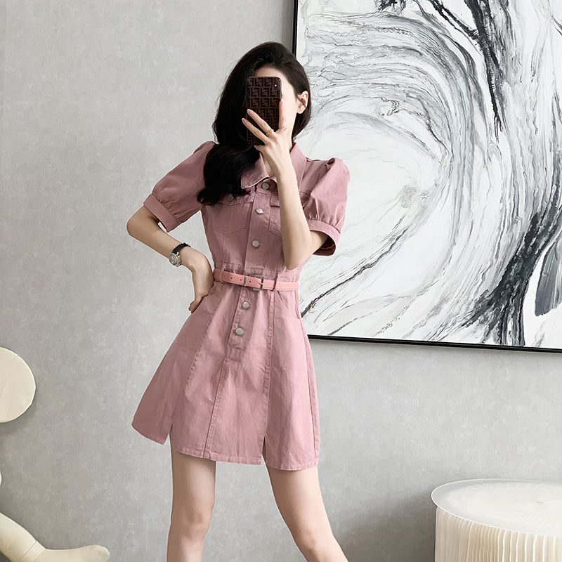 Cowboy dress, pink short skirt, A-line high-waist, slimming, with a cinched waist and short sleeves, exuding an elegant temperament