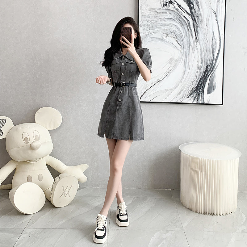 Cowboy dress, short skirt, short sleeves, A-line style, youthful, high-waisted and waist - slimming