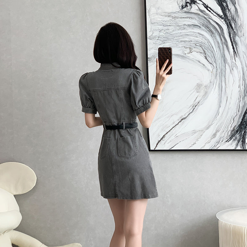 Cowboy dress, short skirt, short sleeves, A-line style, youthful, high-waisted and waist - slimming