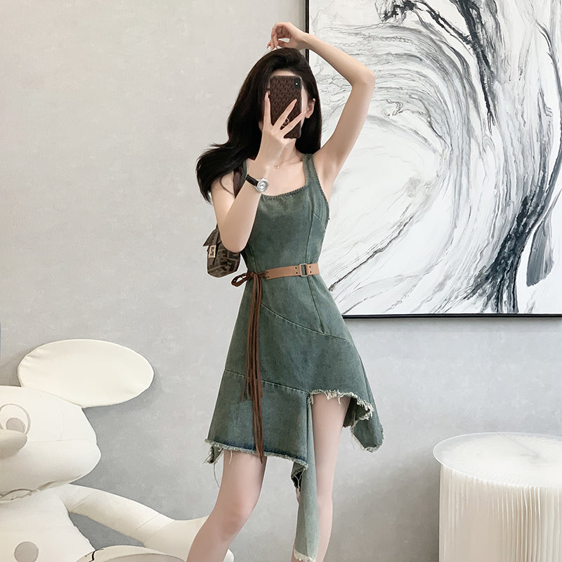 2025 Sleeveless Round-neck Vest Dress with Cowboy Style, Slit, Irregular Design, Leg-baring and Personalized Design Sense