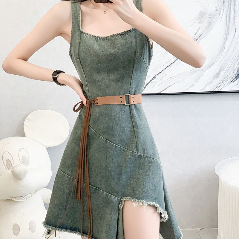 2025 Sleeveless Round-neck Vest Dress with Cowboy Style, Slit, Irregular Design, Leg-baring and Personalized Design Sense
