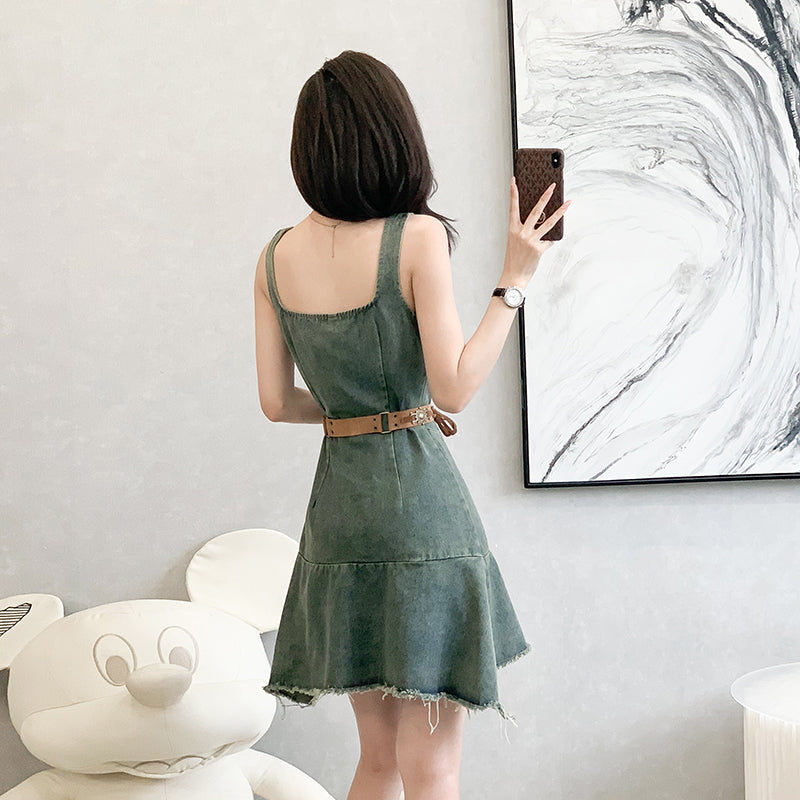 2025 Sleeveless Round-neck Vest Dress with Cowboy Style, Slit, Irregular Design, Leg-baring and Personalized Design Sense