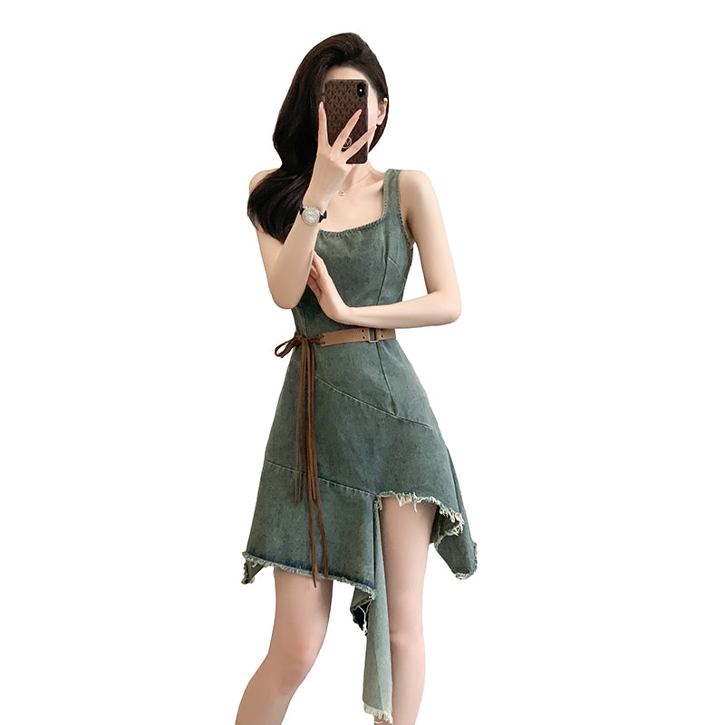 2025 Sleeveless Round-neck Vest Dress with Cowboy Style, Slit, Irregular Design, Leg-baring and Personalized Design Sense