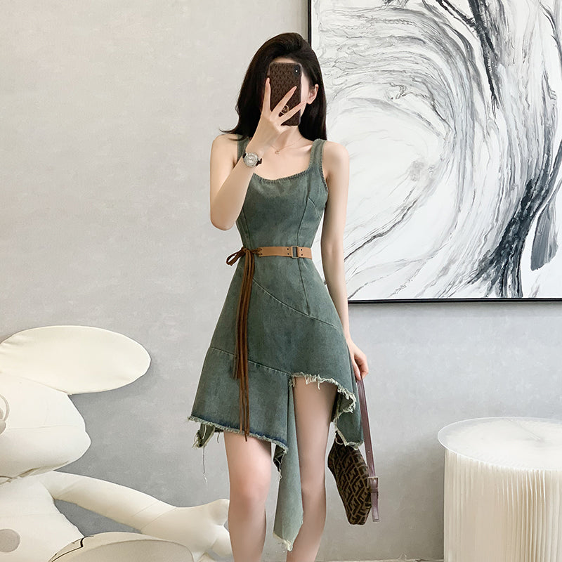2025 Sleeveless Round-neck Vest Dress with Cowboy Style, Slit, Irregular Design, Leg-baring and Personalized Design Sense