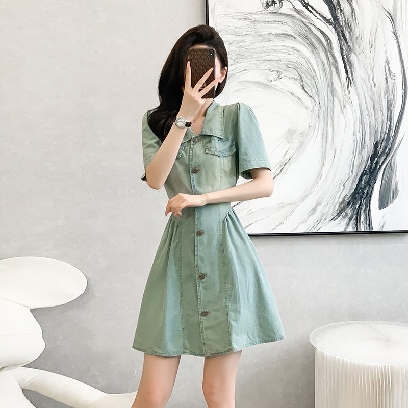 2025 Cowboy Dress, Pleated Skirt, Hong Kong-style Retro Short-sleeved Mini Skirt, High-waisted and Slimming for Summer