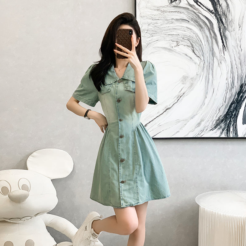 2025 Cowboy Dress, Pleated Skirt, Hong Kong-style Retro Short-sleeved Mini Skirt, High-waisted and Slimming for Summer