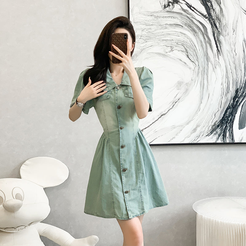 2025 Cowboy Dress, Pleated Skirt, Hong Kong-style Retro Short-sleeved Mini Skirt, High-waisted and Slimming for Summer