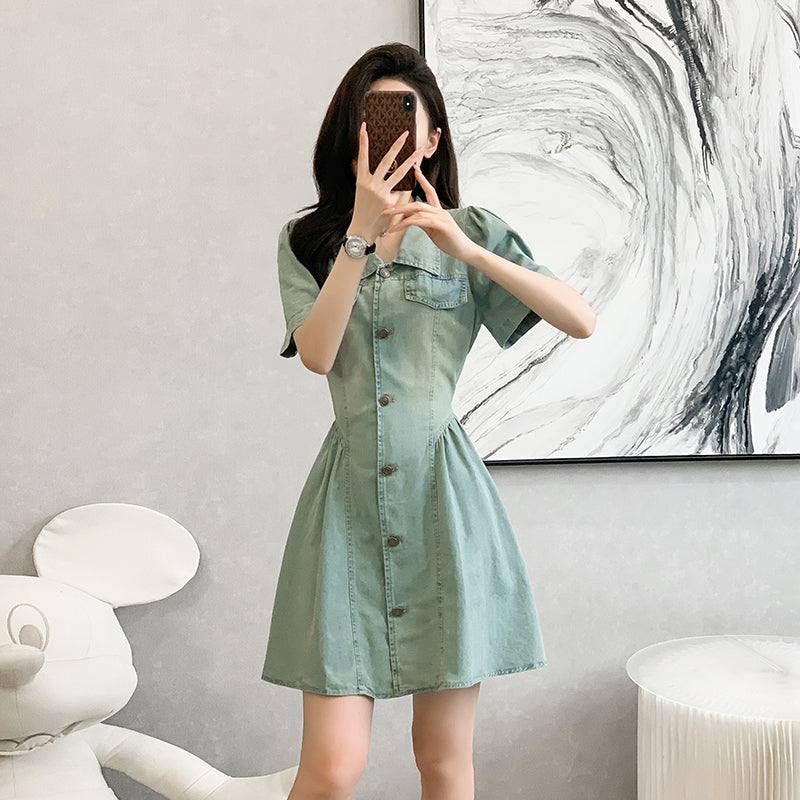 2025 Cowboy Dress, Pleated Skirt, Hong Kong-style Retro Short-sleeved Mini Skirt, High-waisted and Slimming for Summer