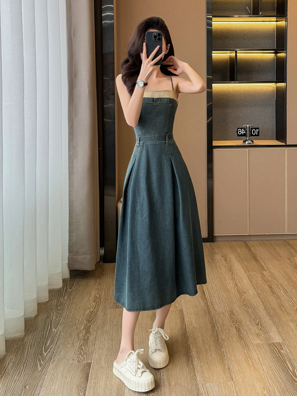 Cowboy dresses, suspender dresses, summer women's clothing, A-line large-swing high-waist slimming mid-length dresses, strapless style