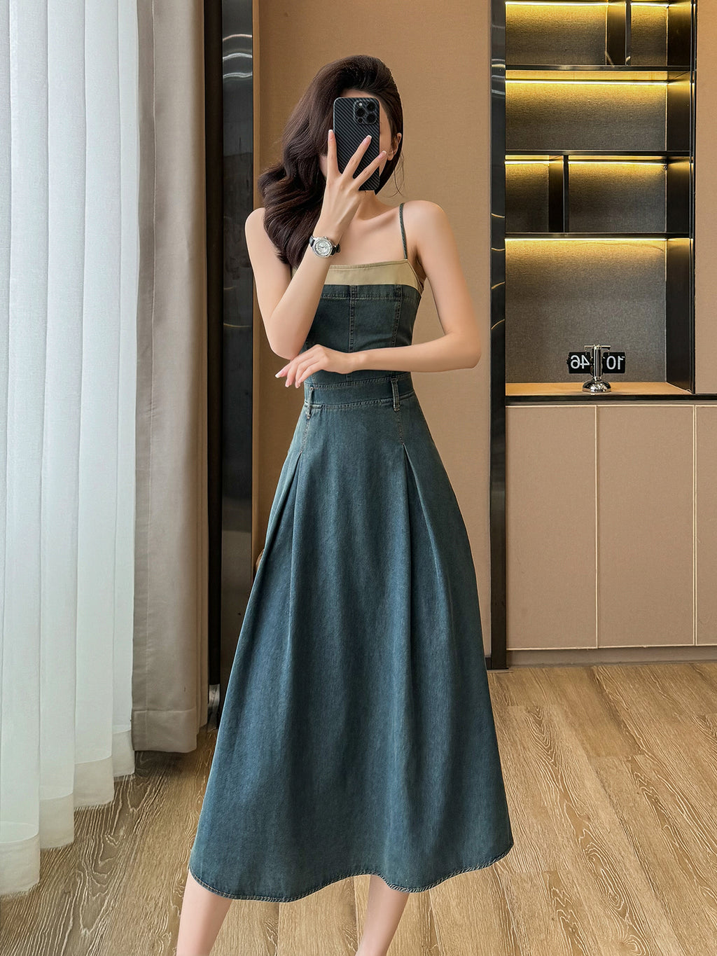 Cowboy dresses, suspender dresses, summer women's clothing, A-line large-swing high-waist slimming mid-length dresses, strapless style