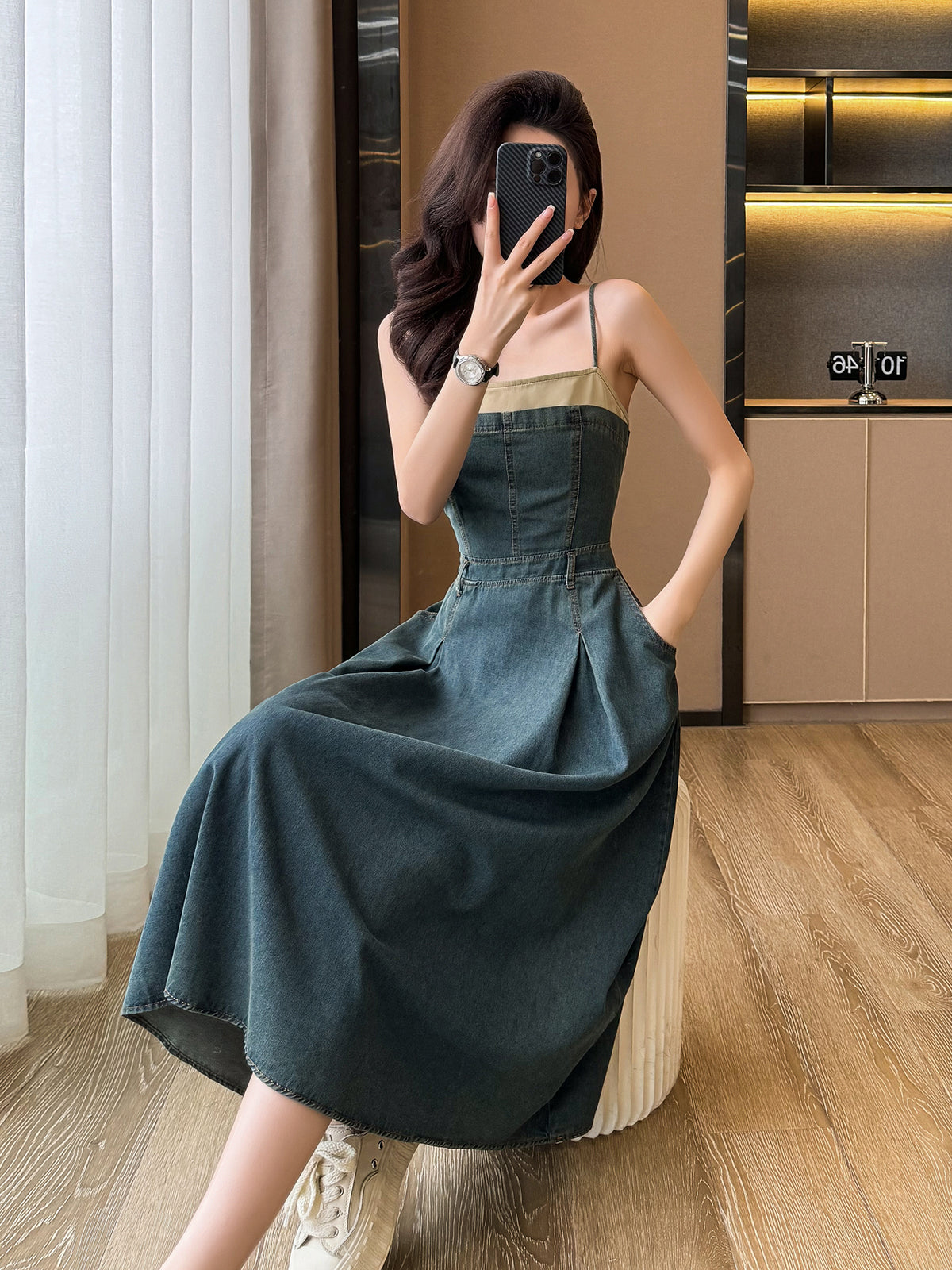Cowboy dresses, suspender dresses, summer women's clothing, A-line large-swing high-waist slimming mid-length dresses, strapless style