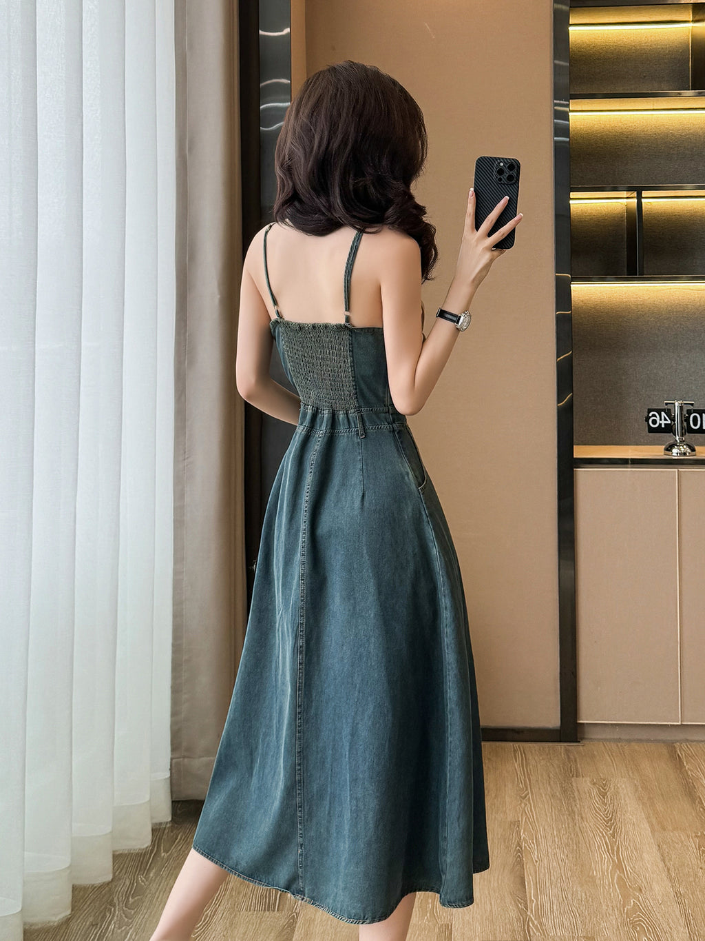 Cowboy dresses, suspender dresses, summer women's clothing, A-line large-swing high-waist slimming mid-length dresses, strapless style