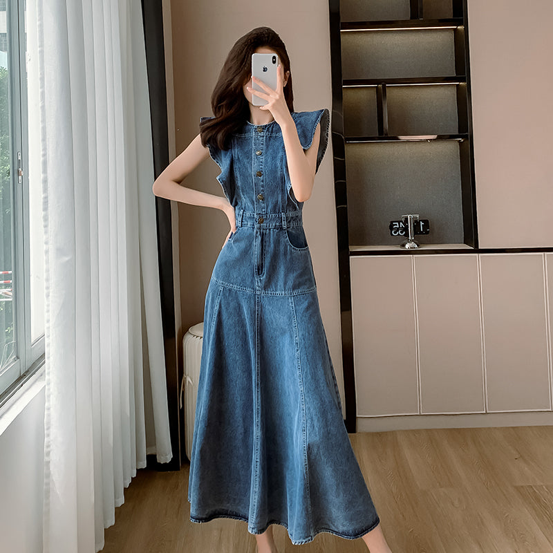 Denim Dress Midi Dress Ruffled Skirt A-Line Skirt Casual Korean Style Flying Sleeves Round Neck Short Sleeves