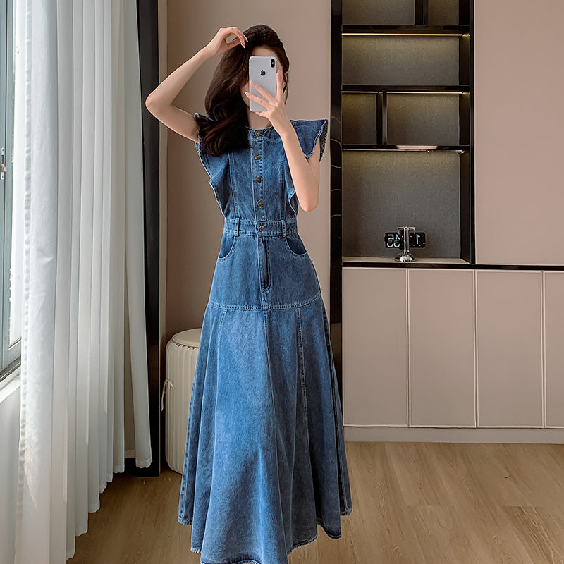 Denim Dress Midi Dress Ruffled Skirt A-Line Skirt Casual Korean Style Flying Sleeves Round Neck Short Sleeves