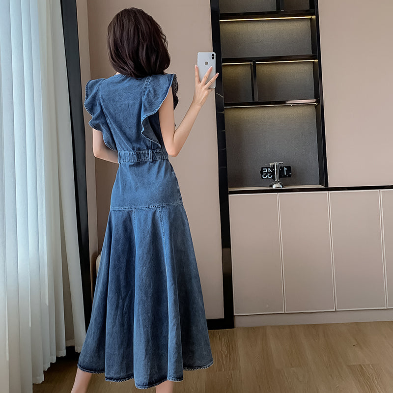 Cowboy dress mid length skirt  ruffle edge skirt, casual round neck short sleeved A-line skirt